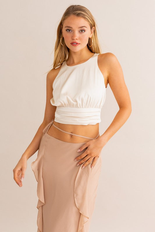 First Impressions Satin Ruched Cropped Top