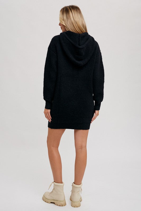 Casual Afternoon Waffle Knit Hooded Sweater Dress