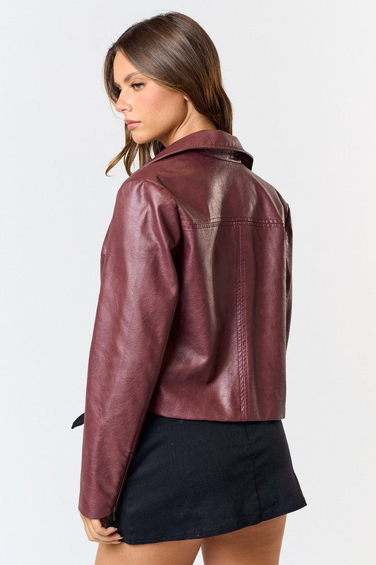 Burgundy Washed Faux Leather Jacket