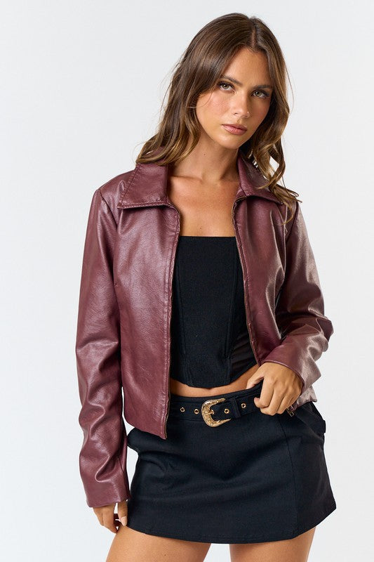 Burgundy Washed Faux Leather Jacket