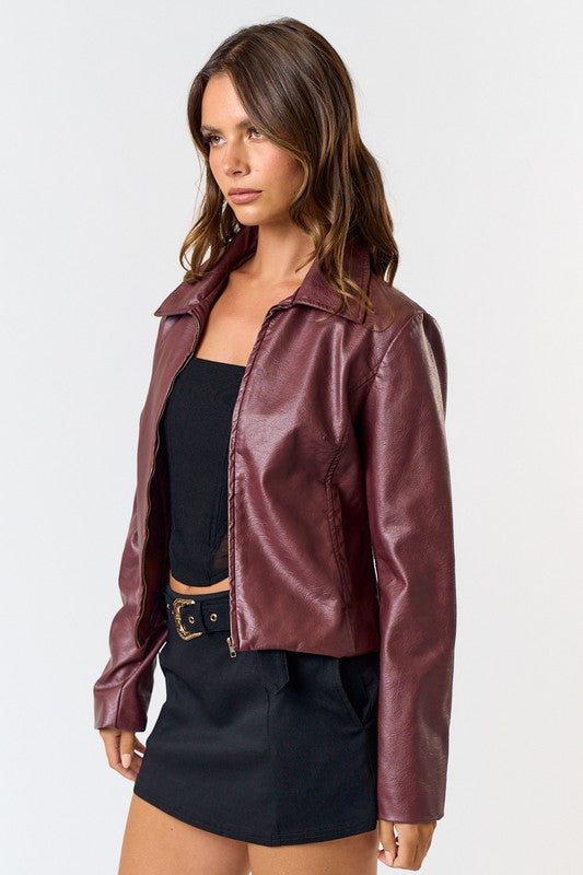 Burgundy Washed Faux Leather Jacket