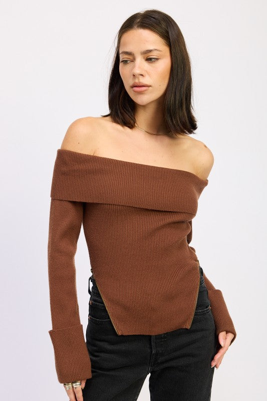 Zip It Ribbed Off Shoulder Sweater