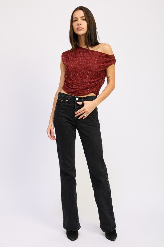 Afterlight Rhinestone One Shoulder Top